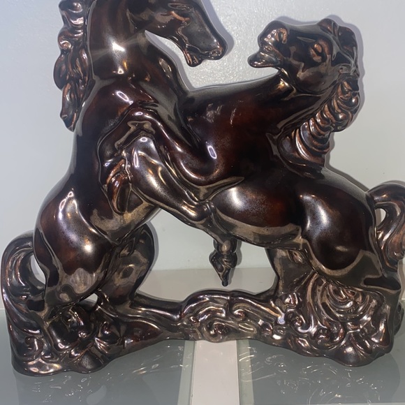 Mid-Century Fighting Stallions Statue Ceramic Bronze Glaze-Vintage 1960’s - Picture 5 of 13